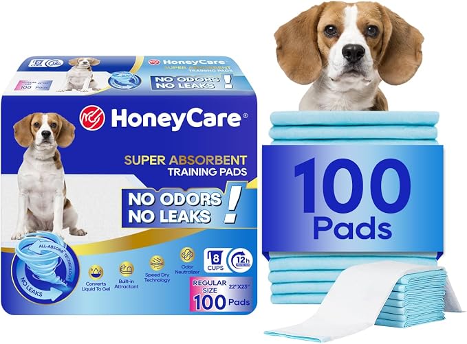 HONEY CARE All-Absorb, Large 22" x 23", 100 Count, Dog and Puppy Training Pads, Ultra Absorbent and Odor Eliminating, Leak-Proof 5-Layer Potty Training Pads with Quick-Dry Surface, Blue, A01