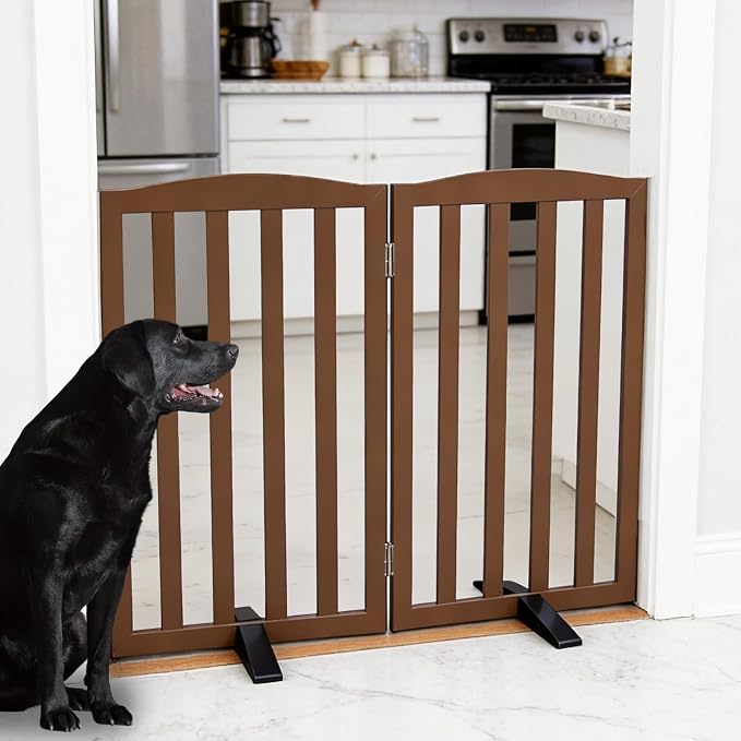 ZJSF Foldable Freestanding Indoor Dog Gate for House Wood Long Pet Gates Dog Fence for Stairs Puppy Gates for Hallways, Puppy Gate,Support Feet Included, Brown, 32 "Height-2 Panels