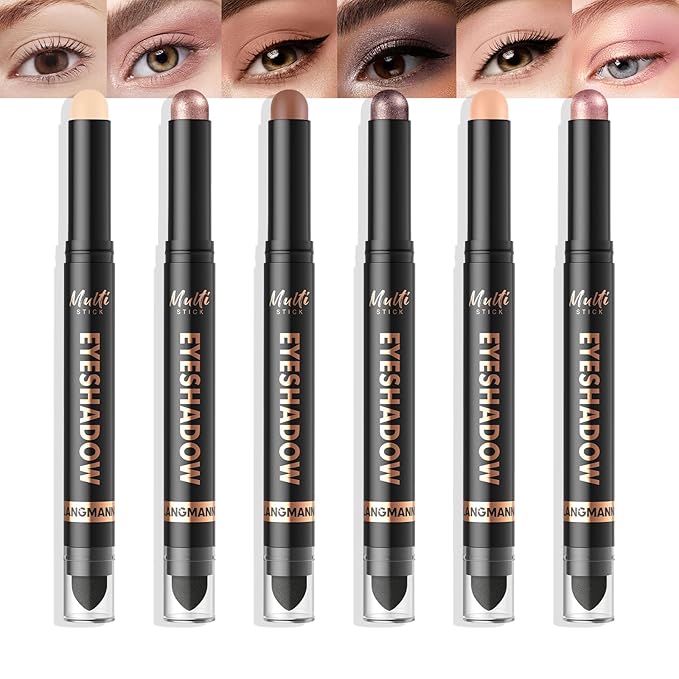 LANGMANNI 6Colors Dual-Ended Cream Eyeshadow Stick Set – Silky Smooth, Waterproof & Transfer-Proof, Built-in Blender Brush, All-Day Matte & Shimmer Wear Eye Makeup(#1+2+3+4+5+6)