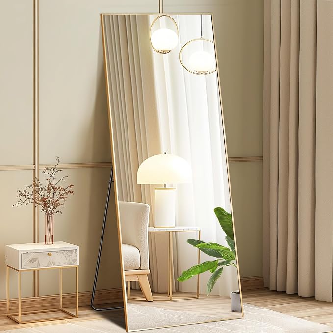 DUMOS 15"x56" Full Length Floor Mirror, Full Body Mirror | Free Standing or Wall Mount, Nano Glass Aluminum Frame, Hanging or Leaning, Modern Simple Home Decor, Gold