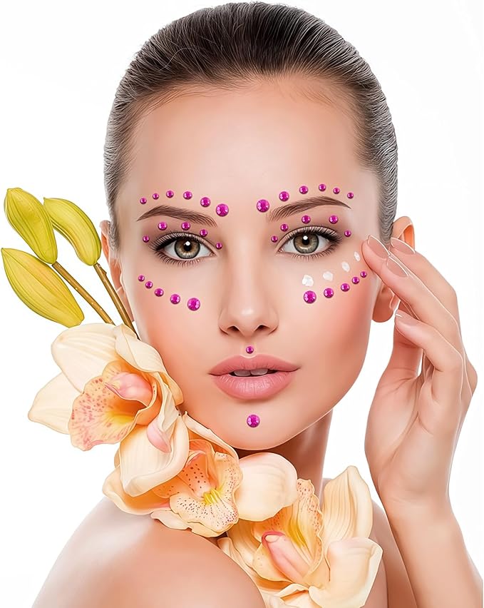 591pcs Face Gems Hair Gems Pearls, Self-Adhesive Face Jewels Eye Rhinestones 3/4/5/6/8 mm Face Gem Stick on, Halloween Makeup Gems Rave Accessories for Face Eyes Body Makeup (10.Pink)