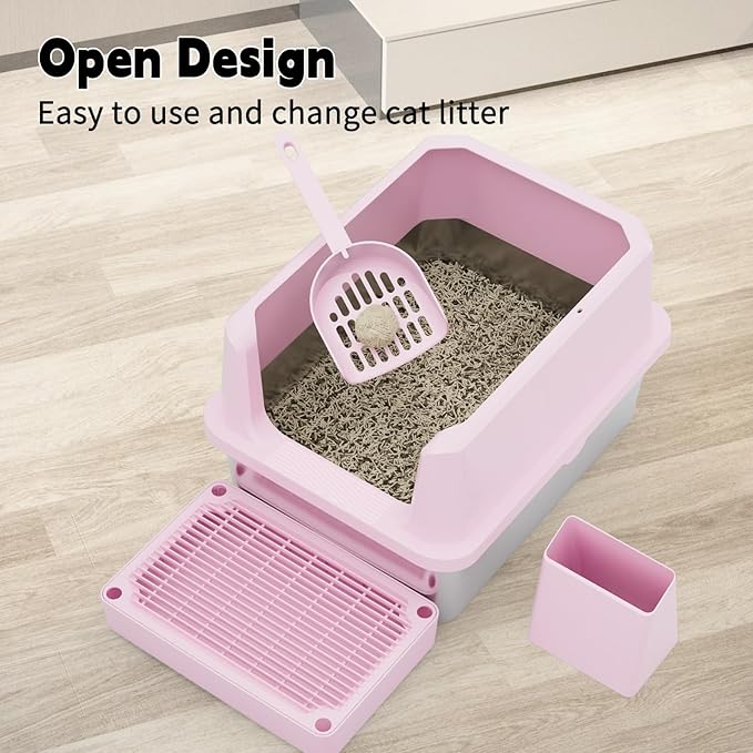 RIZZARI Cat Litter Box Anti-Scatter: Open-Room for Large Cats & Multi-Home | Odor-Free Steel Pan / Paw-Massage Entry Trap / Raised Anti-Spill Edges / Fits Maine Coon & 2+ Cats / Easy-Scoop Open View