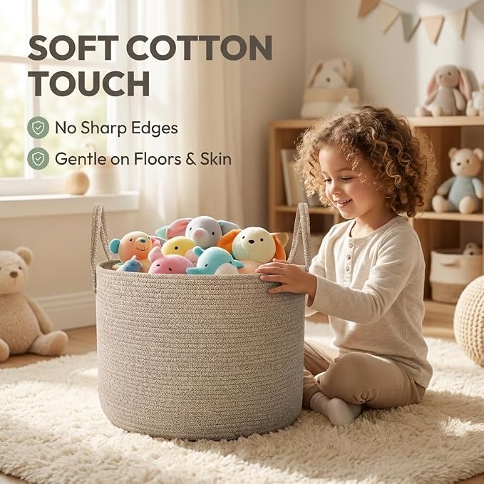 JMvicyroam 115L Extra Large Machine Washable Cotton Rope Blanket Basket | Collapsible Laundry Hamper, Reinforced Handles, For Blankets, Pillows, Toys and Clothes, Living Room and Bedroom, Oatmeal