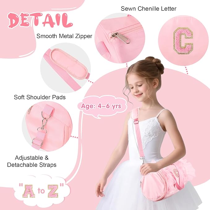 Personalized Initial Dance Bag for Girls 4-6, Small Lace Gym Sport Yoga Cheer Dance Bags Gift for Teen Girls, Cute Letter Kids Ballet Bag Toddler Travel Duffel Tote with Adjustable Straps(Pink-C)