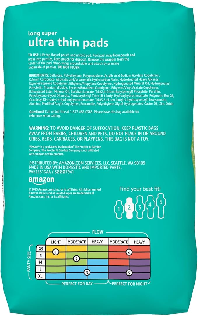 Amazon Basics Ultra Thin Pads with Flexi-Wings for Periods, Long Length, Super Absorbency, Unscented, Size 2, 128 Count, 4 Packs of 32