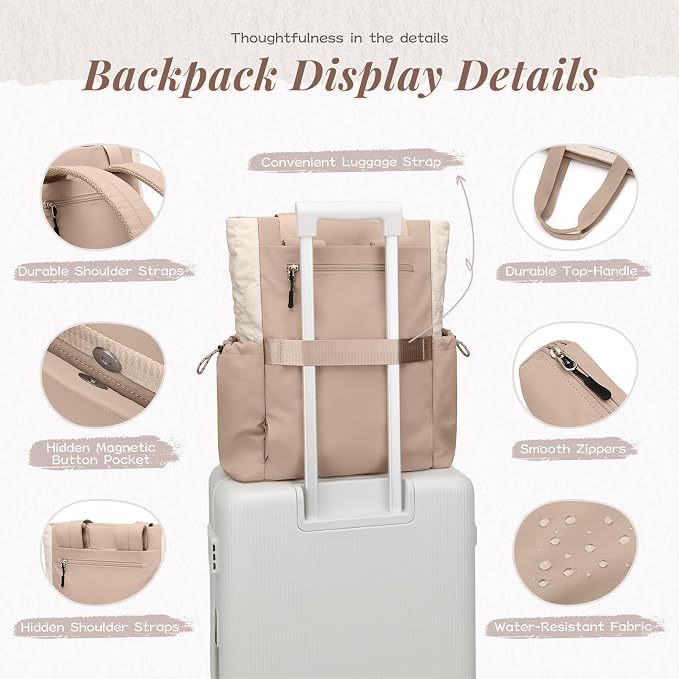 GOLF SUPAGS 3-in-1 Laptop Tote Backpack for Women 15.6" Quilted Work Gym Bag with Hidden Yoga Mat Carrier for Travel Leisure (Gravel Brown & Beige)