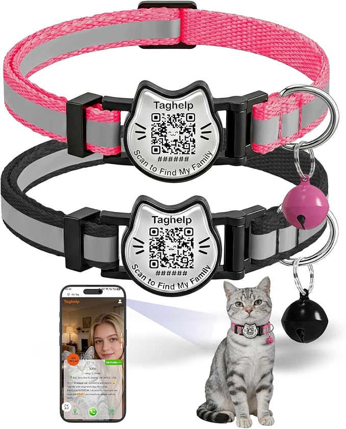 Breakaway Cat Collar with QR Code Tag and Bell (Black & Rose red) | Reflective Nylon, Quick-Release Buckle