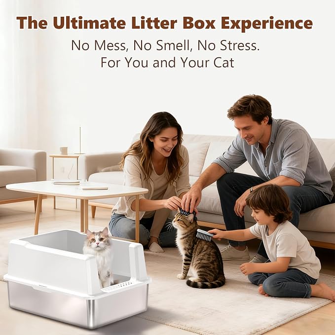 Extra Large Stainless Steel Litter Box for Large Cats | 50% Thicker Metal, High Sides, Leak-Proof, Non-Stick Surface, Odor Resistant, Easy Clean