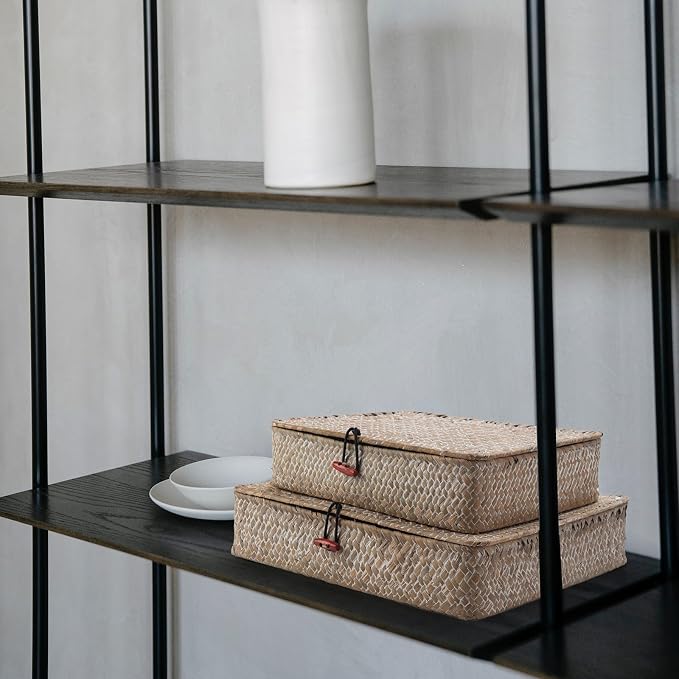 Whitewash Flat Seagrass Storage Bins with Lid, Wicker Basket for Shelf Organize, Set of 2 (Small+Large)