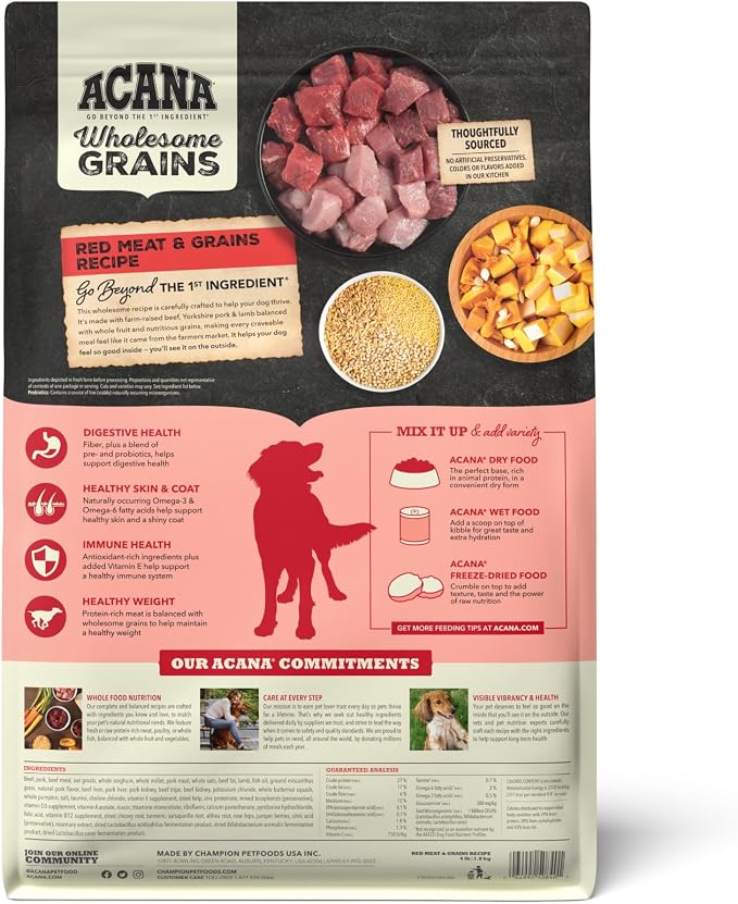 ACANA Wholesome Grains Dry Dog Food Red Meat & Grains 4lb Bag | Gluten Free, High Protein, Made in the USA, Includes Probiotics, Omega-3 Fatty Acids, Global Quality Ingredients