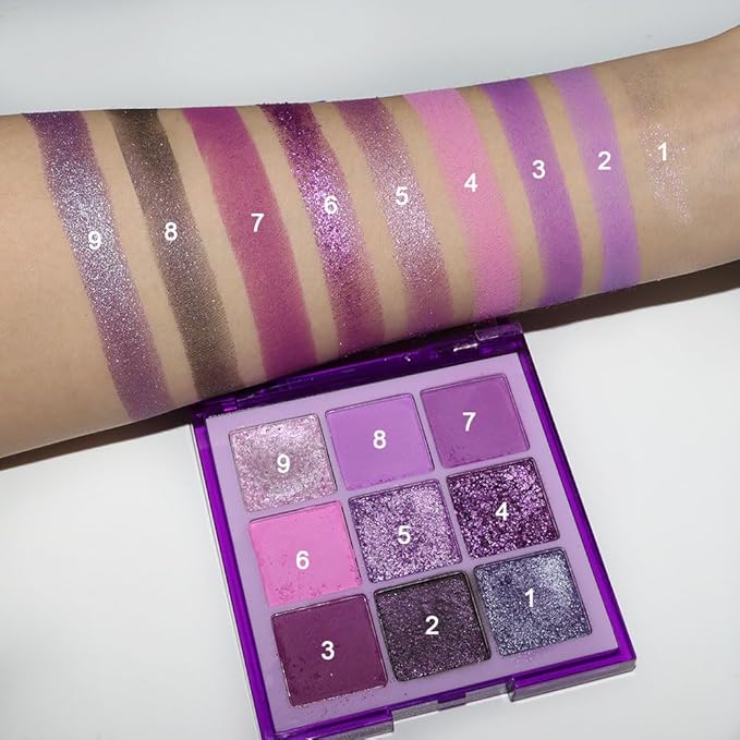 evpct 9 Colors Purple Glitter Eyeshadow Palette, Lavender Violet Purple Pink Glitter Metallic Shimmer Sparkly Eye Shadow Palette Makeup for Older Women Blue Eyes, Waterproof Highly Pigmented Eyeshadow