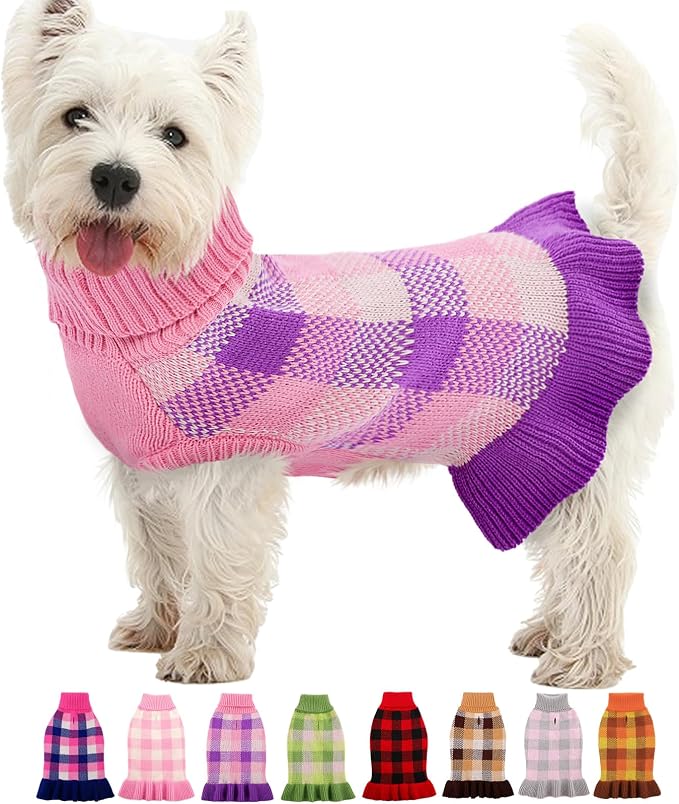 Dog Sweater Dress Plaid Knitwear for Small Medium Dogs Warm Puppy Pet Turtleneck Stretch Pullover Cute Fall Winter Vest Clothes with Leash Hole for Christmas (Purple, M)