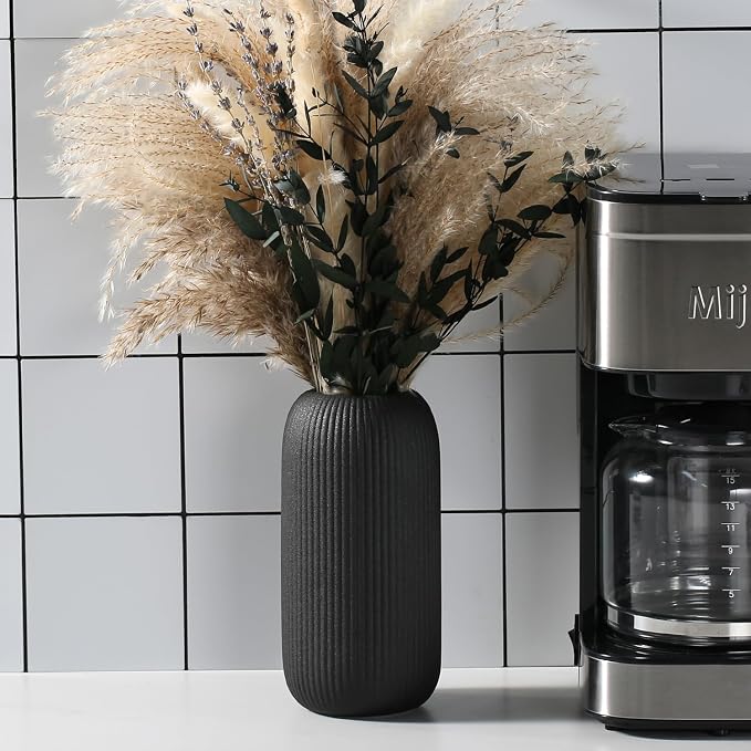 Bohemian Black Ceramic Vase - for Pampas Grass, Mantel, Bookshelf, Entryway and Living Room Decor (Black, 8in-Pill)