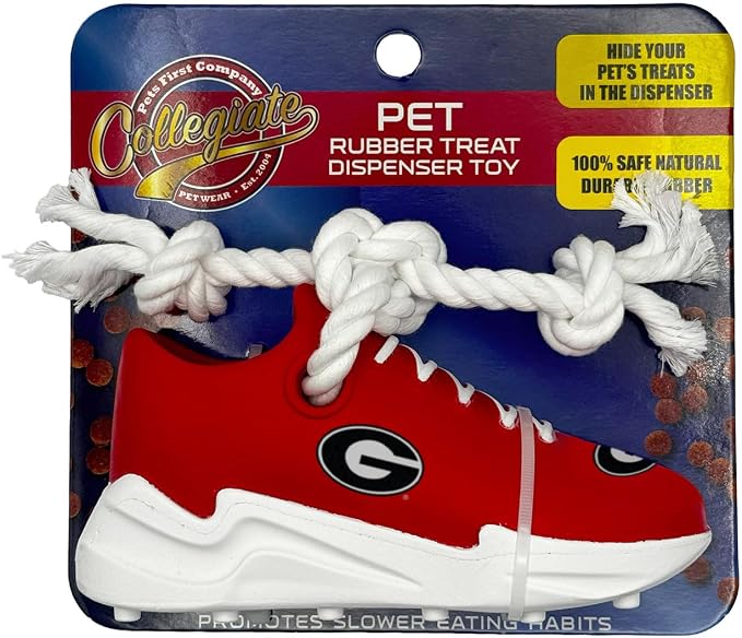 NCAA Georgia Bulldogs Cleat Sneaker Spike Dog Toy, Treat Dispenser Chew Toy for Dogs, Interactive Rope Tug Toy, Slow Feeder Natural Rubber Dog Toy with Official Team Logo for Puppies & Adult Dogs