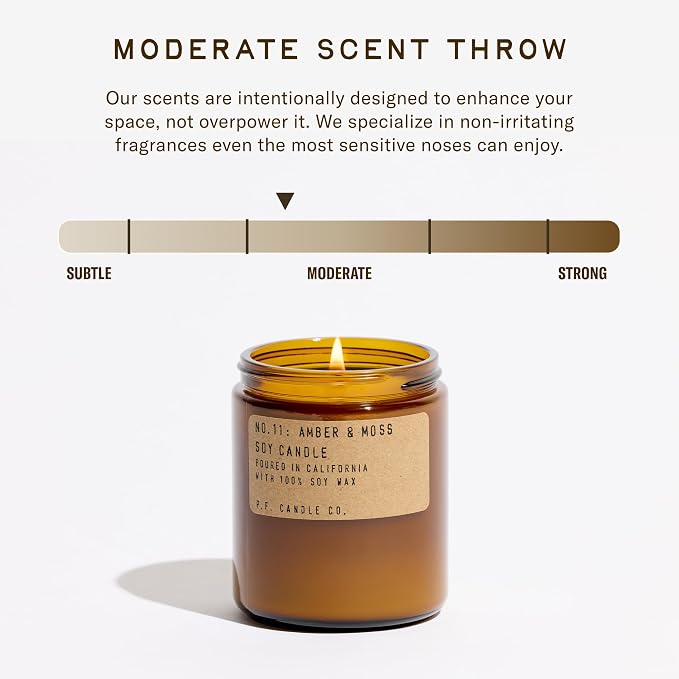P.F. Candle Co. Amber & Moss Classic Standard Scented Soy Wax Candle (7.2 oz) 40-50 Hour Burn Time, Amber Glass Jar, Made in The U.S.A.