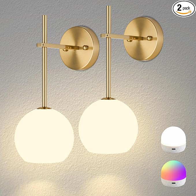 Gold Battery Operated Wall Sconces Set of 2, Rechargeable Wireless Wall Lights with Milky White Frosted Glass Shade, 12 RGB and 3CCT Dimmable, Wall Lamps with Remote for Bedroom Living Room Hallway