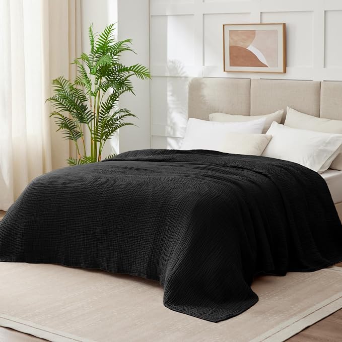 100% Cotton Muslin Blanket Twin 66" x 90", 6 Layers Breathable and Lightweight Cotton Blankets for Couch, Soft Cooling Summer Gauze Blanket for Adults All Season, Black