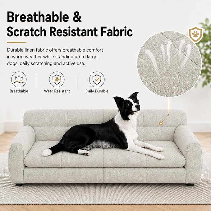 51"×28" Large Dog Sofa, for Large & Extra Large Dogs | Detachable Cushion | Reinforced Low Base|Non-Sagging |Breathable Linen Fabric | Soft Cushion | Armrest & Backrest |Beige