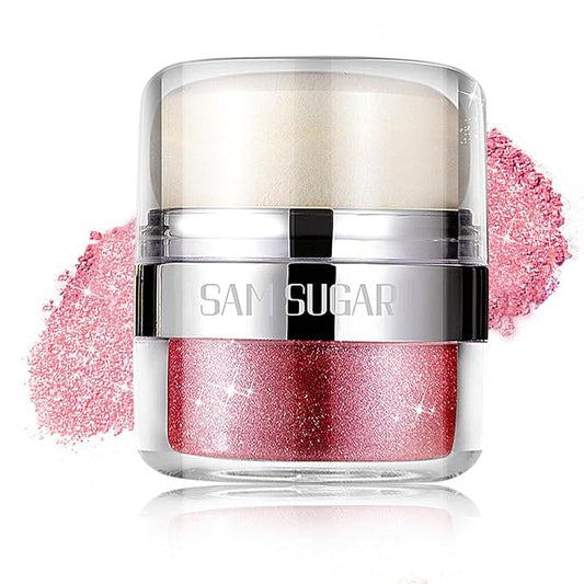 Body Shimmer Powder, Body Glitter Powder with Sponge Head, 3D Contour & Long Lasting Luminous, Glow Highlighter Makeup for Face, Eyes, Hair, Perfect for Daily, Party (Pink, 1.13 Oz)