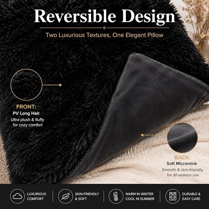 REAFORT Long Hair Faux Fur Euro Sham Cover 26"x26", Hidden Zipper(Black) | Ultra-soft plush faux fur with a hidden zipper adds luxurious comfort and is machine washable for easy care.