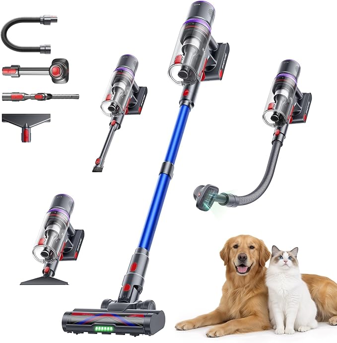 SMOTURE Cordless Vacuum Cleaner, Upgraded 650W 55KPA 70Mins Vacuum Cleaner for Home, Pet Brush&3.3Ft Hose, Self-Stand, Auto Mode,Touchscreen, Anti-tangle Vacuum, Stick Vacuum for Pet Hair/Carpet/Floor