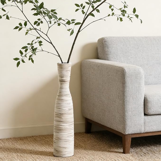 ALMA Tall Skinny Floor Vase, 20" White & Brown Modern Vases for Flower | Thin Decorative Vases, Seasonal Home Refresh, Fits Living Room, Entryway, Fireplace, Home Decor, Weddings and New Home gifts