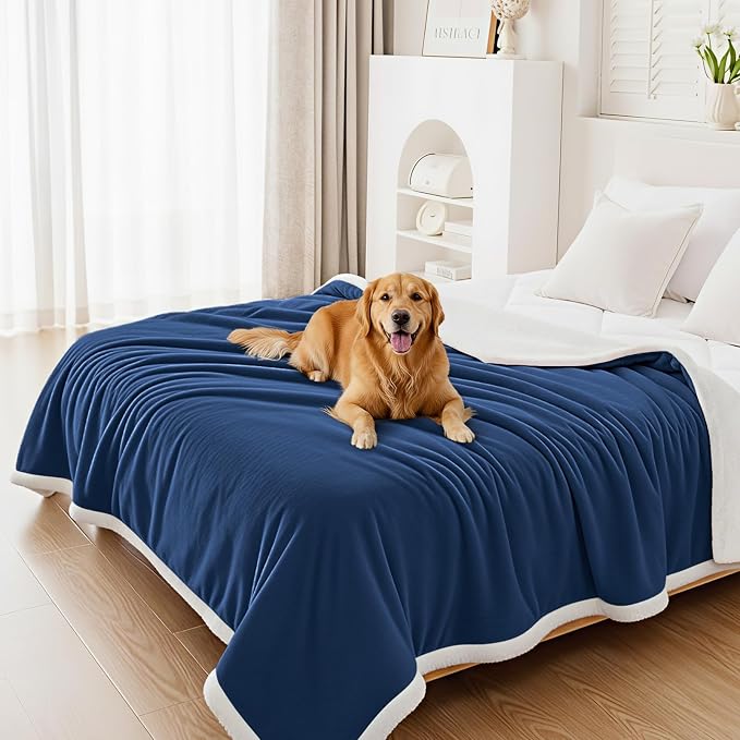 Smiry Waterproof Blanket Throw, Reversible Dog Blanket for Sofa Couch Bed | Soft Leakproof Sherpa Fleece, Washable Furniture Couch Protector for Large Dogs Cats, 60"x80", Navy/White