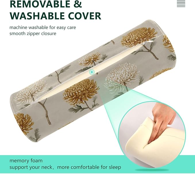 Beige Vintage Chrysanthemum Neck Roll Pillow Bolster Round Health Memory Foam Long Cervical Cylinder Pillows with Removable Washable Cover for Body Bed Legs Back Yoga