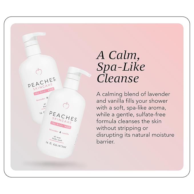 Peaches Skin Care Body Wash with Lavender and Vanilla - Gentle, Sulfate-Free Cleanser for Soft, Smooth-Looking Skin - Daily Body Wash for Men and Women, 16 oz