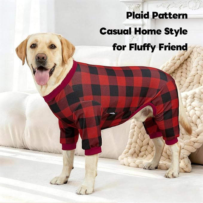 XPUDAC 2 Pack Plaid Dog Pajamas for Medium Large Sized Dog, 4-Way Stretch Soft Pet Onesie Lightweight Warm Pet Clothes Jammies for Large Breeds, 3XL