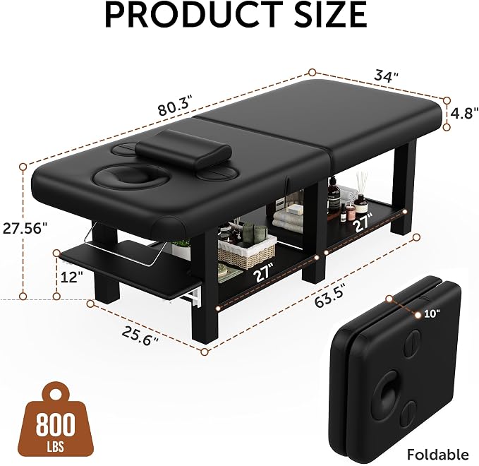 Extra Large 34''×80'' Folding Stationary Massage Table with Adjustable Backrest, Heavy-Duty Metal Frame PU Leather Treatment Bed for Spa, Physical Therapy, Tattoo, Facial & Medical Exam - Black