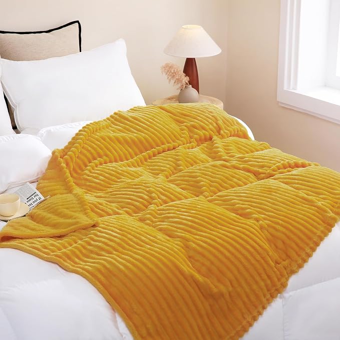 Mustard Yellow Fleece Throw Blanket 50”×60” for Couch Sofa Livingroom | Linecooo Super Soft Cozy Plush Microfiber Flannel Bed Blanket Striped Design Lightweight Home Decor Gifts for Adult Mom Women