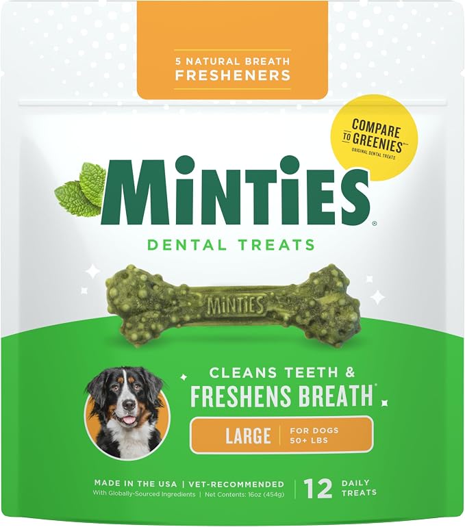 Minties Dental Chews for Dogs, 12 Count, Vet-Recommended Mint-Flavored Dog Treats for Large Breeds Over 50 lbs, Dental Bones that Clean Teeth, Fight Bad Breath, and Remove Plaque and Tartar | Vet-recommended mint dental bone; scrubs teeth as dogs chew;...