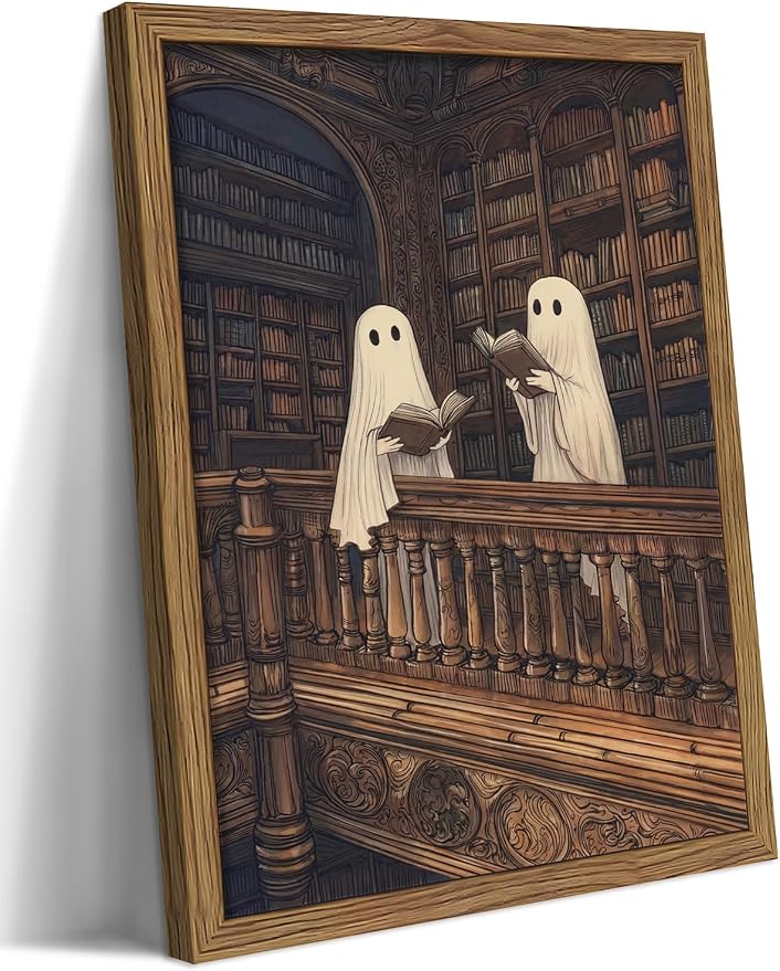 Framed Halloween Ghost Wall Art, Vintage Cute Ghost Reading Canvas Wall Decor Paintings, Dark Academia Book Artwork Poster Print Picture for Library Bedroom Living Room 8x10 Inch