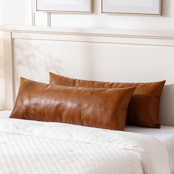 Fancy Homi Brown Boho Long Lumbar Faux Leather Body Decorative Throw Pillow Cover 12x40 Inch for Bedroom Couch Bed Bench, Thick Stylish Solid Rectangle Pillowcase, Rustic Modern Farmhouse Room Decor