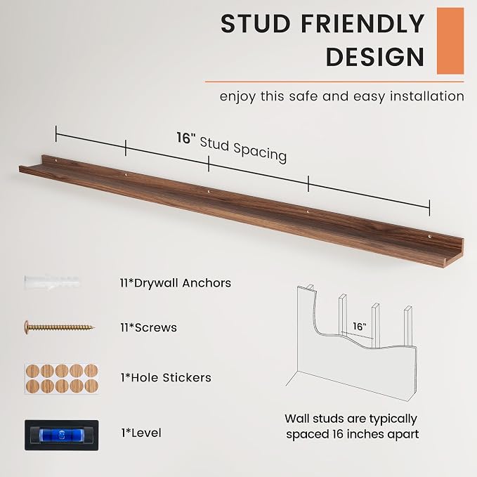 Picture Ledge Shelf, Long Floating Shelves for Wall, 72" W Set of 2, Walnut | FSC Certified Engineered Wood, Wall Mounted Bookshelf, for Nursery Living Room Bedroom, Easy Install