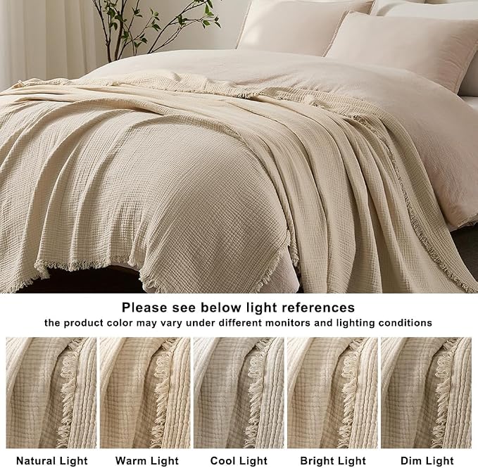 WDCOZY 100% Cotton Muslin Blanket Queen Size 4-Layer for Bed Breathable Lightweight Soft Large Boho Farmhouse Linen Tassels Ruffle Gauze Blankets All Season for Adults 90x90 Inches Beige Tan Neutral