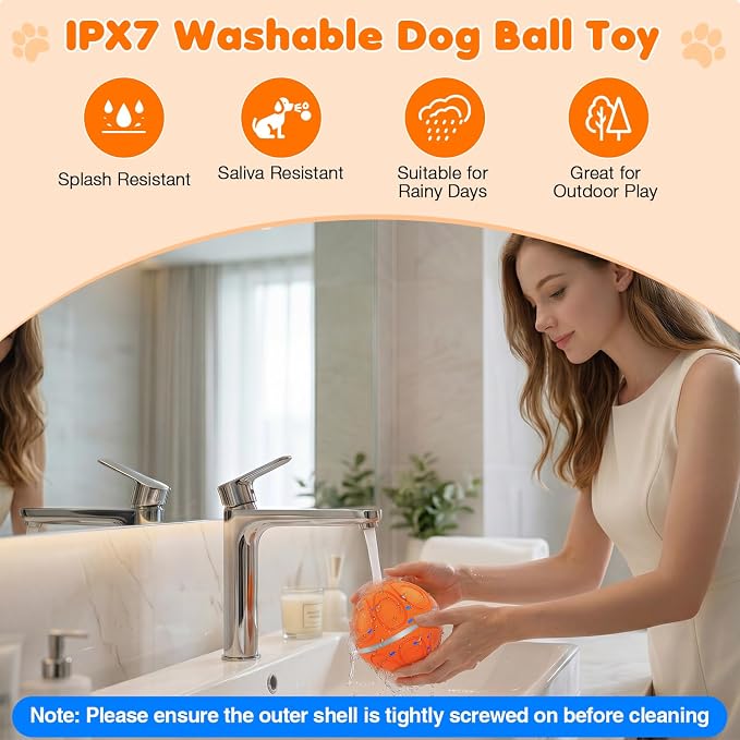 Interactive Dog Toys Ball – Automatic 3-Modes Active Rolling Balls (Orange) | Moving bouncing & rotating dog toy ball with colorful lights. Solid E-TPU material, IPX7 waterproof for medium & large dogs