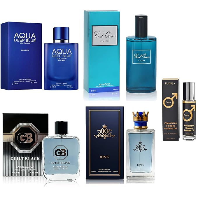 AFLUXE Men's Cologne Gift Set - Variety Pack of 4 Long Lasting Fragrances with 10ml Pheromone Cologne (Aqua Deep Blue/Cool Ocean-Men/Guilt Black/King)