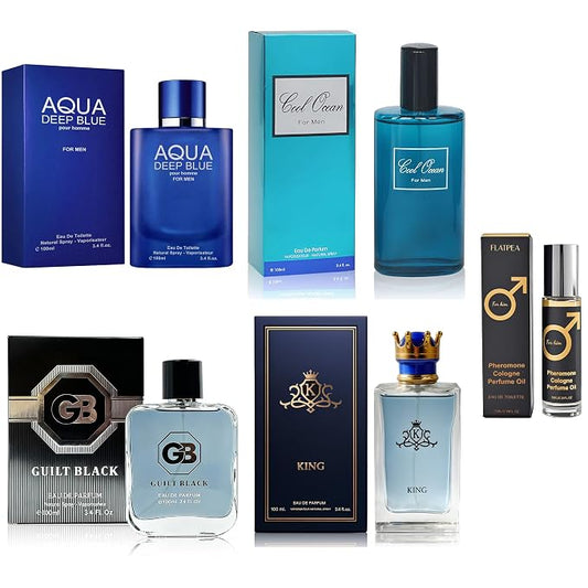 AFLUXE Men's Cologne Gift Set - Variety Pack of 4 Long Lasting Fragrances with 10ml Pheromone Cologne (Aqua Deep Blue/Cool Ocean-Men/Guilt Black/King)