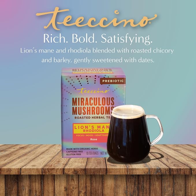 Teeccino Caffeine-Free Mushroom Adaptogenic Herbal Tea - 10 Tea Bags - Lion’s Mane Rhodiola Tea - Rose, 3x More Herbs than Regular Teas, Lightly Sweet from Dates & Figs, Chicory Prebiotic