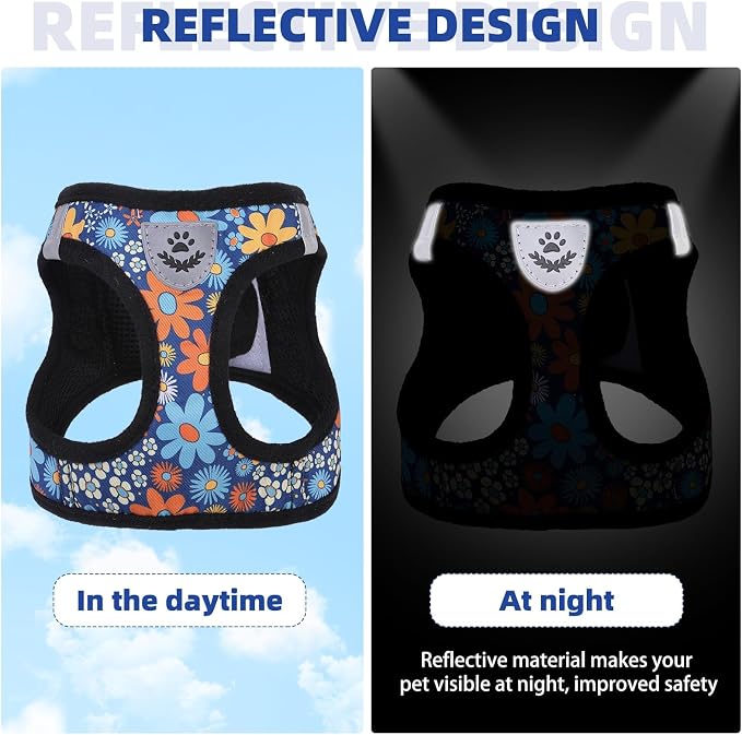 KOOLTAIL Dog Harness and Leash Set for Small Medium Dogs, Step in No Pull Comfort Padded Pet Vest, Adjustable Reflective Easy Walking Puppy Cats Harness Training, Flower Navy M