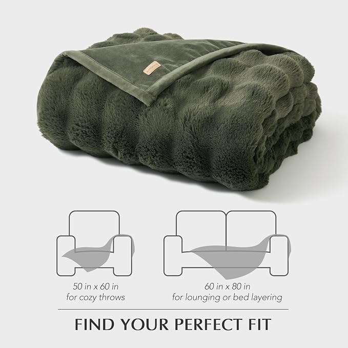 Faux Rabbit Fur Bubble Throw Blanket, 50"x60", Green | Ultra Soft, Luxury Faux Rabbit Fur Throw, Thick Warm Bubble Blanket, Cozy Fluffy Reversible, for Bed, Couch, Chair, Sofa