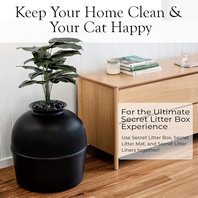 Secret Litter Box by Bundle & Bliss - Hidden Litter Box Enclosure, Patented Design with Odor Control, Includes Faux Plant, Carbon Filter and Real Stones (Matte Black)