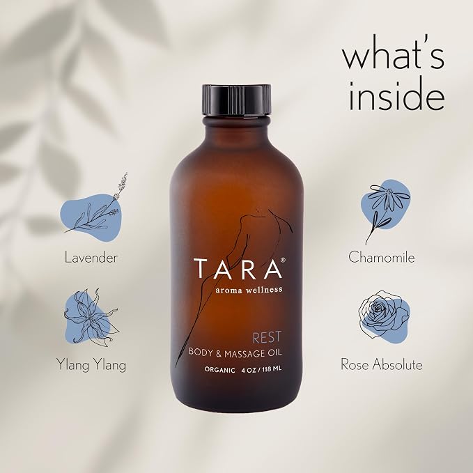 TARA Spa Therapy Rest Body & Massage Oil – Premium Organic Oil for Deep Relaxation & Rest, 100% Pure Essential Oils, Lavender, Chamomile & Sandalwood, 4 oz