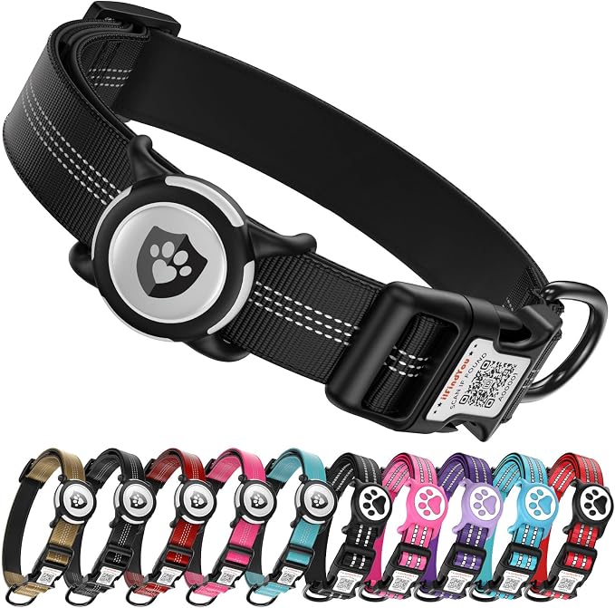 Waterproof AirTag Dog Collar with QR Code Dog Tag, Black S | IP68 waterproof, QR code dog tag, Anti-Lost, Online profile, fits XS-L (8"-26"), Padded nylon, Reflective, No App, No Fees