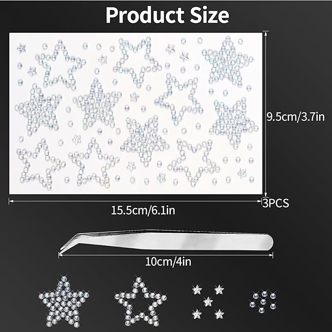 3 Sheets Star Gem Stickers Self Adhesive Rhinestone Stickers Glitter Silver Star Sticker Acrylic Face Jewel Sticker Bling Hair Diamond Decals Sparkly Crystal Pearls for Body Nails Crafts Decoration