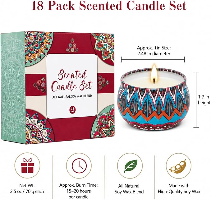 Scented Candles Gift Set, 18 Pack Soy Wax Blend Candles, 70 g Decorative Metal Candle Cans with Assorted Fragrances, Reusable Iron Candle Containers for Home, Bath, Spa, Yoga, Birthday Holiday Gifts