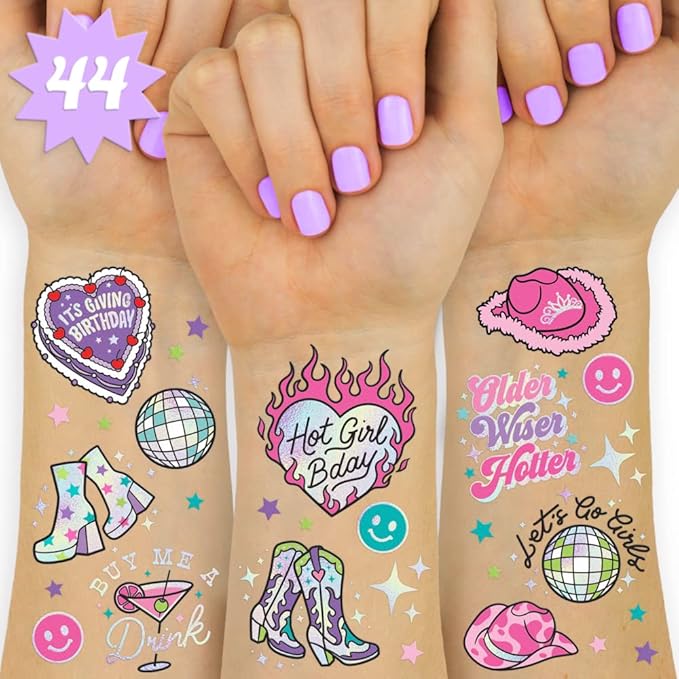 xo Fetti Birthday Decorations Temporary Tattoos - 44 pcs | Fun Bday Girl Party, Older, Wiser, Hotter, HBD, Disco Cowgirl, Hot Girl Bday