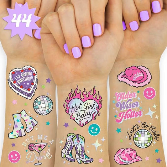 xo Fetti Birthday Decorations Temporary Tattoos - 44 pcs | Fun Bday Girl Party, Older, Wiser, Hotter, HBD, Disco Cowgirl, Hot Girl Bday